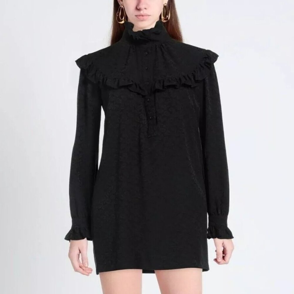 SAINT LAURENT YSL Black Tiered Dress Longsleeve, High Neck Black